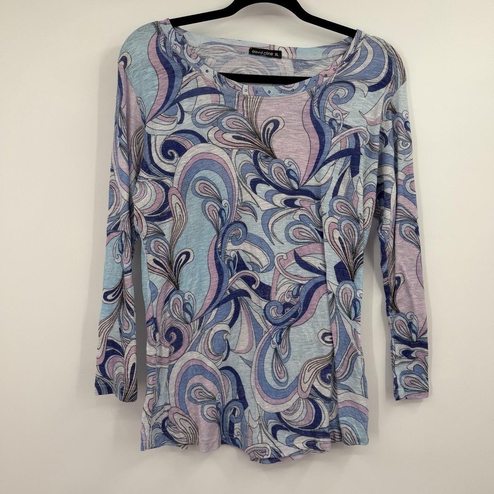 DAVID CLINE Tunic Top Womens XL Blue Paisley Scoop Neck Long Sleeve Rhinestone